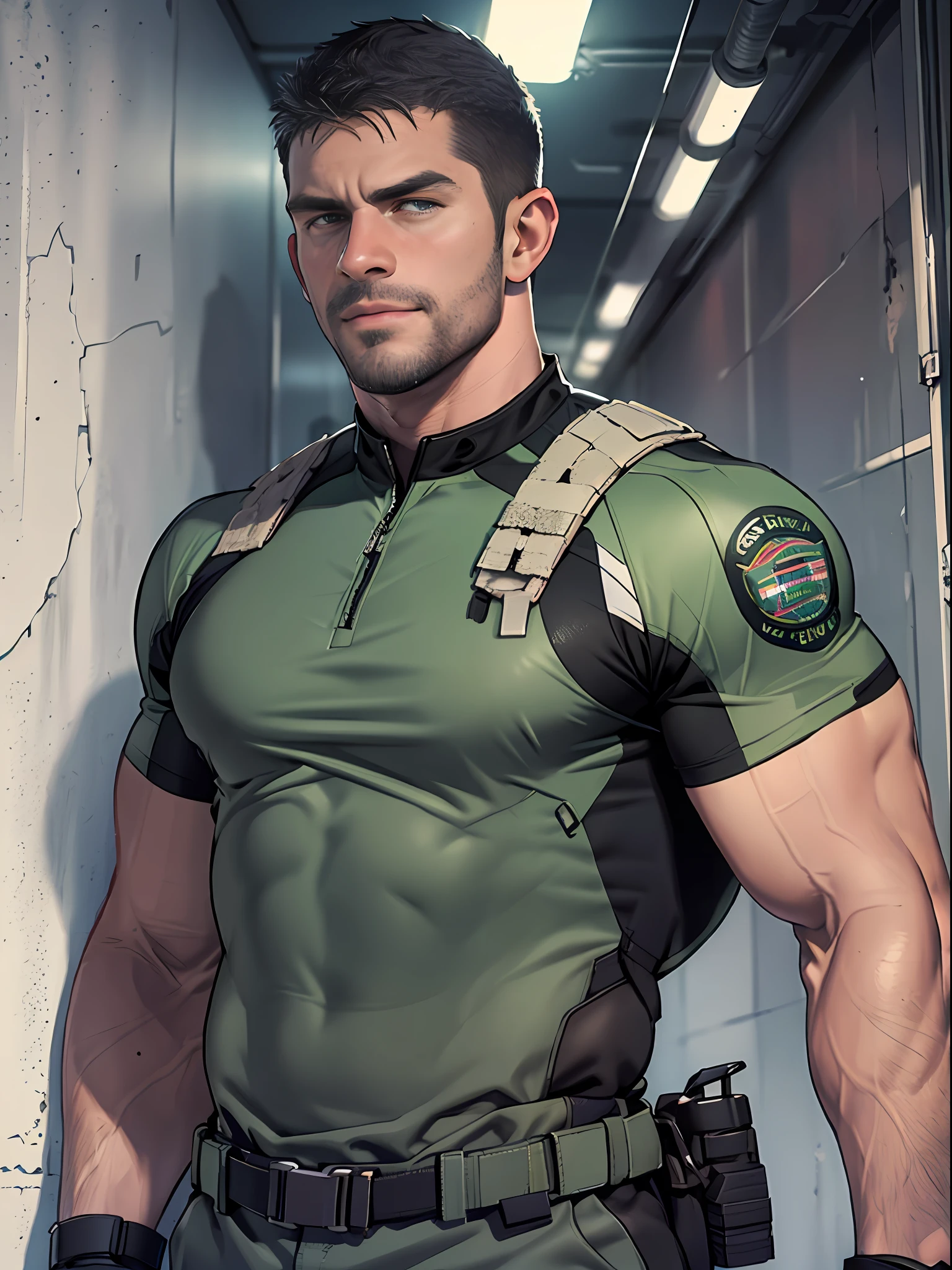 1 man, solo, 35 year old, Chris Redfield, wearing green T shirt, smirks, black color on the shoulder and a bsaa logo on the shoulder, millitary tactical suit, tall and hunk, biceps, abs, chest, best quality, masterpiece, high resolution:1.2, upper body shot, dark black gloomy hallway in the background, detailed face, shadow, volumetric lighting, upper body shot, low camera angle