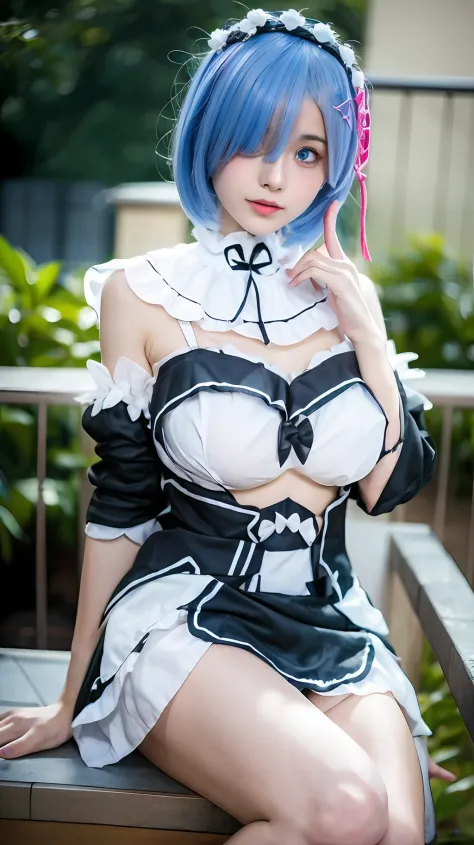 realistic, 1girl, blue hair, blue eyes, masterpiece, top quality, high resolution, best quality, highres, ultra-detailed, Rem from Re:Zero, looking at viewers, 8k UHD, (masterpiece,best quality: 1.2), ultra-detailed face, highres, 1girl solo, ((female adul...