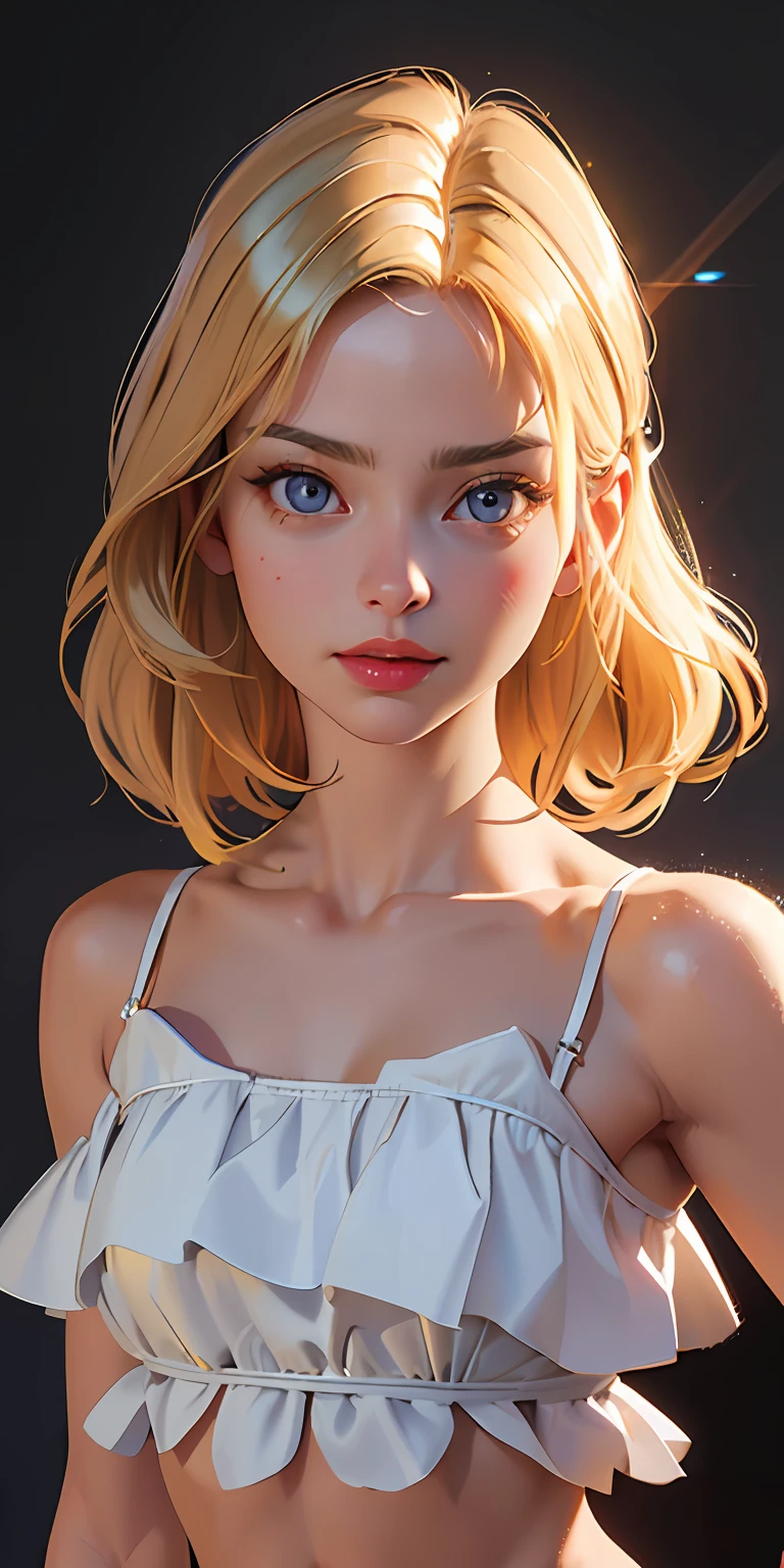 (photorealistic:1.4), (masterpiece, sidelighting, finely detailed beautiful eyes: 1.2), masterpiece*portrait, realistic, 3d face, glowing eyes, shiny hair, lustrous skin, solo, embarassed, (midriff), black underwear, blonde hair