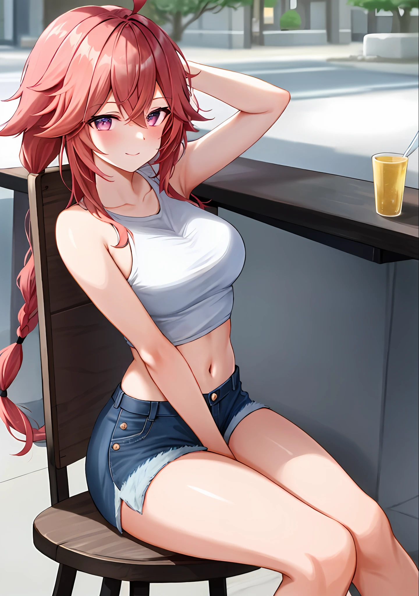 (masterpiece, best quality, ultra-detailed), keqing \(genshin impact\), (red hair), cone hair bun, twin tails, long hair, swept bangs, braid, braided bangs, purple eyes, pink eyes,
(wearing a t-shirt:1.2), sitting on a chair outside of caf, embracing the natural beauty, sunlight, beautiful cloudy sky, city, street, denim shorts, black stocking,
medium breasts, thick thighs, critical angle, cowboy shot, arm behind head, arm behind back, armpits, light smile, crop top, strong and seductive expressions,,