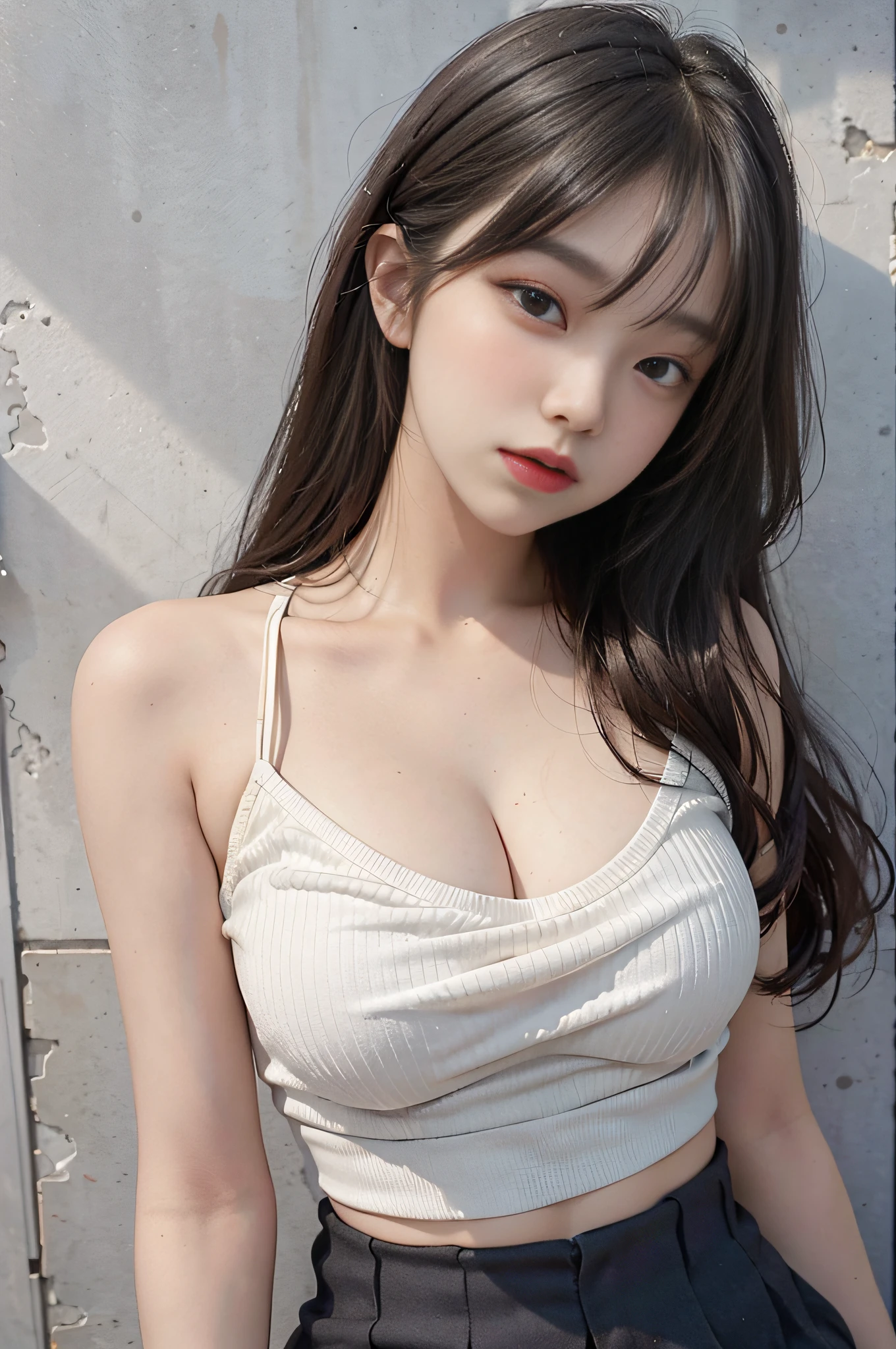 Top image quality、Raw photography、超A high resolution、18 year old cool Korean、big round chest、Camisole、skirt by the、Shiny hair、Beautiful Eyes of Details、very elongated eyes、Beautiful eyelashes、Beautiful double eyelids、eyeshadows、耳Nipple Ring、chest above close-up、Wall on grey background