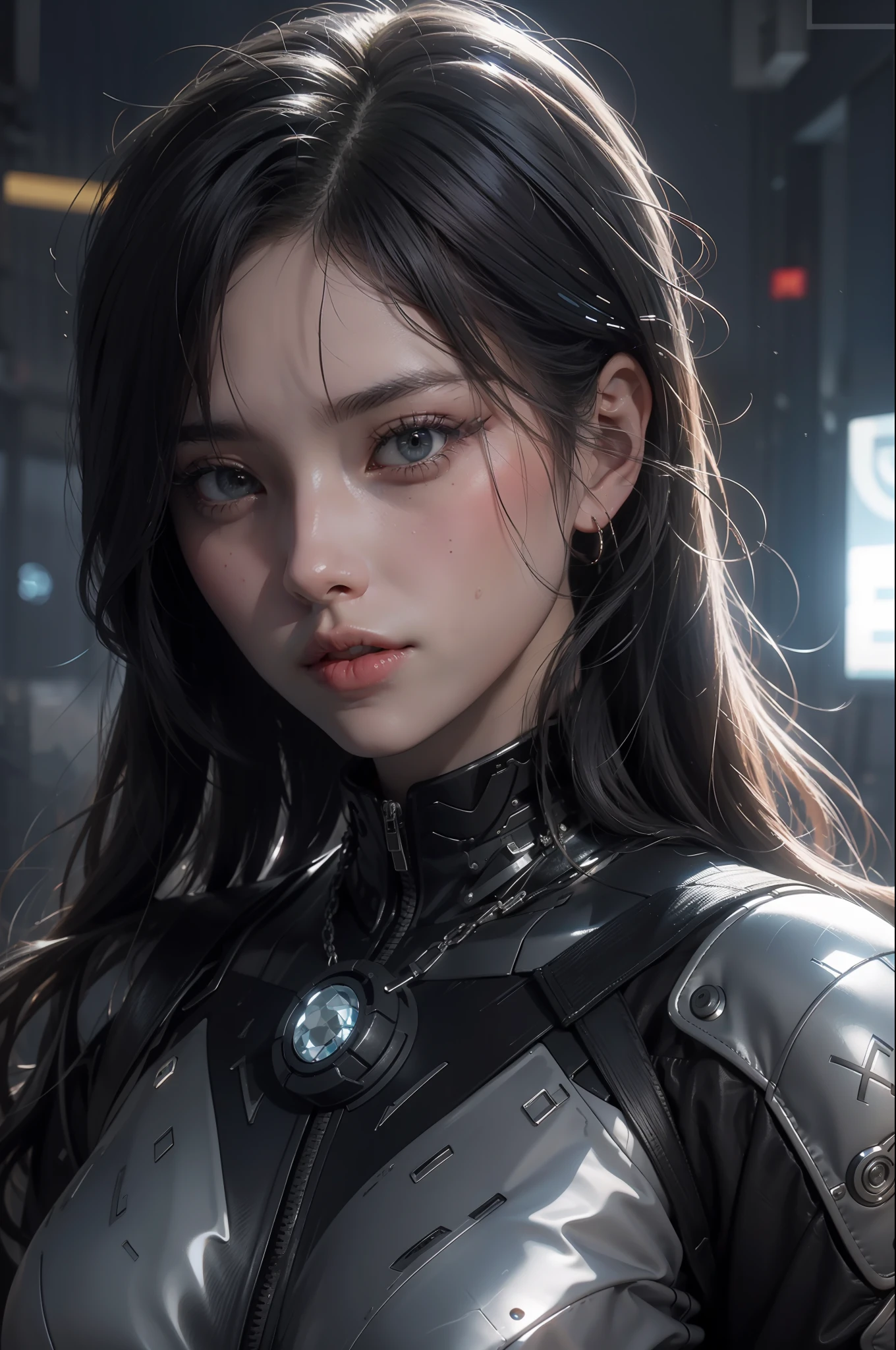 Papel de parede da unidade 8k，((melhor qualidade)), ((obra-prima)), (o detalhe:1.4), 3D, Uma bela imagem feminina cyberpunk,hdr（Dinâmica de alto alcance）,Traçado de raios,NVIDIA RTX,Hiper-resolução,Irreal 5,dispersão subterrânea、Textura PBR、post-proces、Filtragem de Anisotropia、profundidade de campo, definição máxima e nitidez Texturas de qualquer camada、Albedo e mapas Speculares、Coloração de superfície、Simulação precisa de interações entre materiais leves、perfeitamente proporções、renderização por octanagem、Luz bicolor、grande abertura、ISO baixo、Balanço de branco、a regra dos terços、Dados brutos de 8K、（Pat a parte superior do corpo，close do rosto）