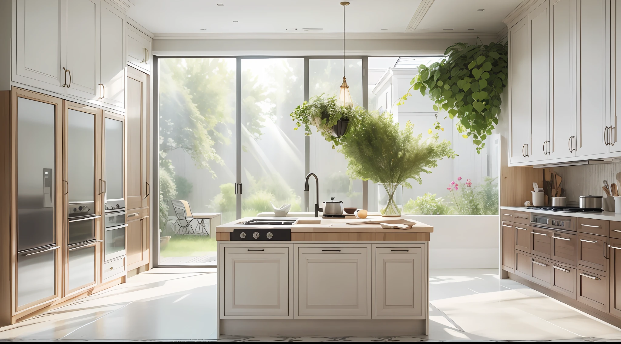 Minimalist kitchen，Few flowers and plants（1:0.02），sun's rays，an award winning masterpiece，Incredible details Large windows，highly  detailed，Harper's Bazaar art，fashion magazine，fluency，Clear focus，8K，rendering by octane