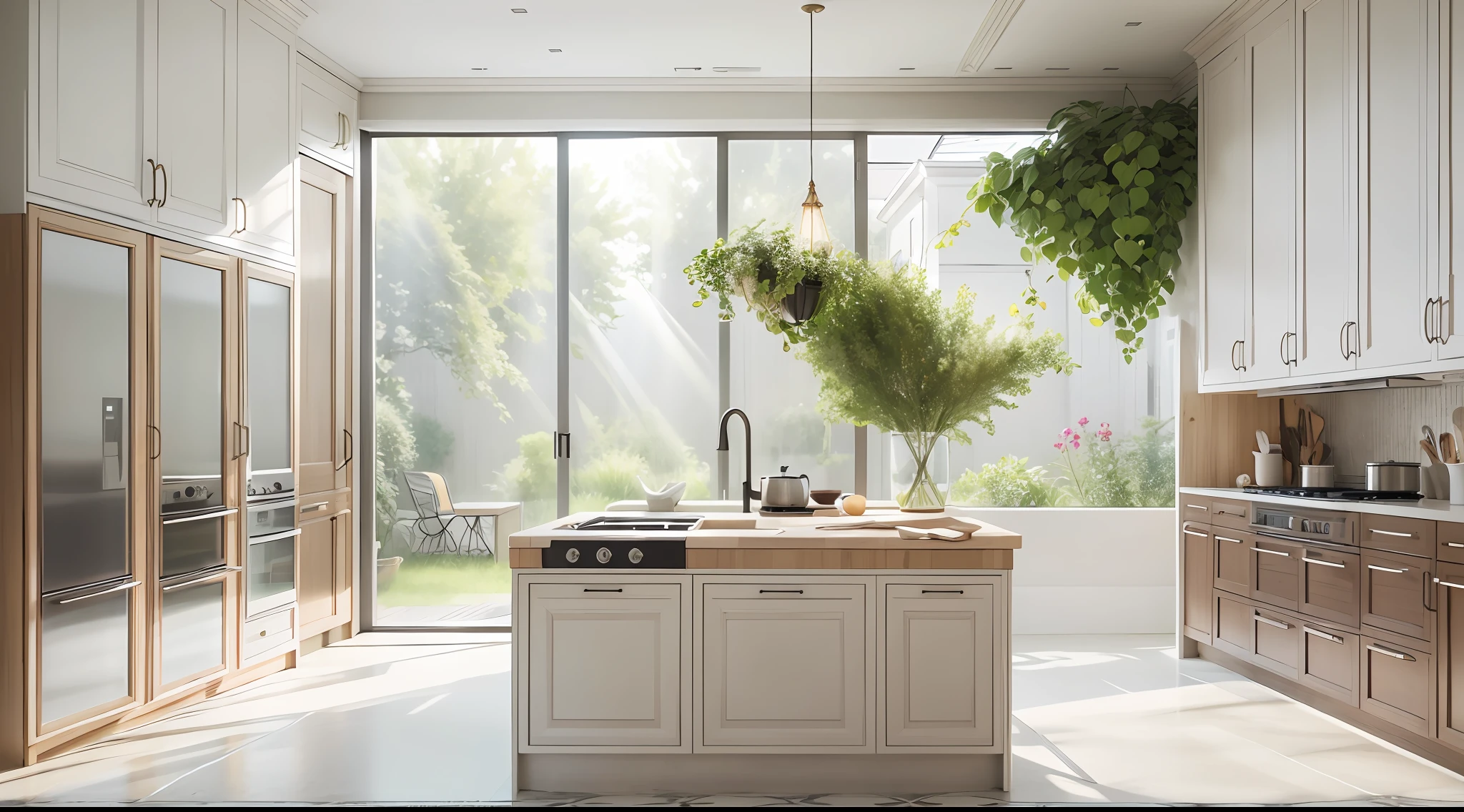 cocina minimalista，Pocas flores y plantas（1:0.02），rayos de sol，una obra maestra premiada，Detalles increíbles Grandes ventanales，muy detallado，Arte de Harper&#39;s Bazaar，revista de moda，fluidez，Enfoque claro，8K，renderizado por octanaje