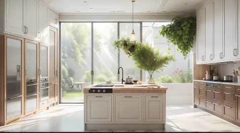 Minimalist kitchen，Few flowers and plants（1:0.02），sun's rays，an award winning masterpiece，Incredible details Large windows，highl...