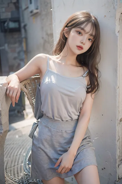 Top image quality、Raw photography、超A high resolution、18 year old cool Korean、big round chest、Camisole、skirt by the、Shiny hair、Be...