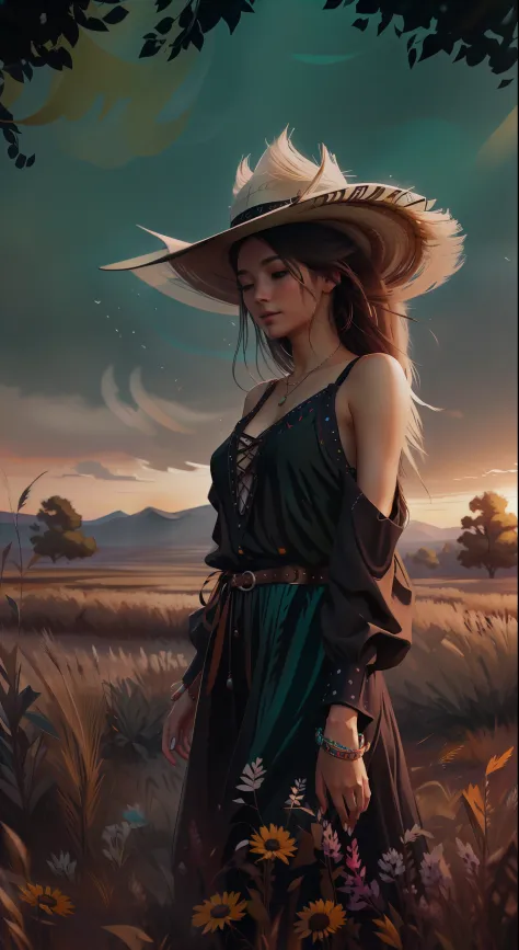 wide-angle image of a BEAUTIFUL COWGIRL girl in the field At sunset, high detail, dancing happily outdoors with long black dress...