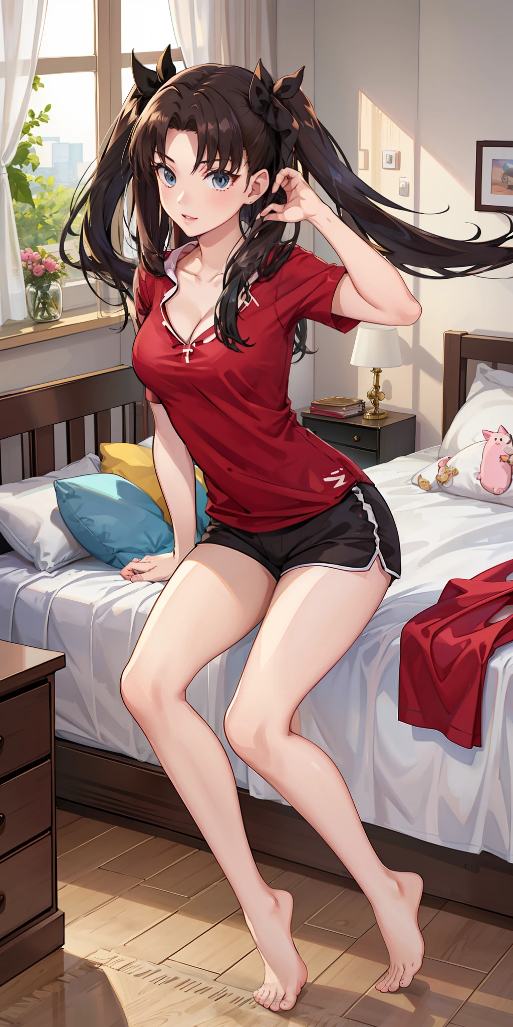 Anime girl in red shirt and black shorts sitting on a bed - SeaArt AI