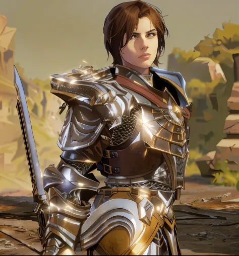 Woman, serious, brown short hair, wearing paladin female armor