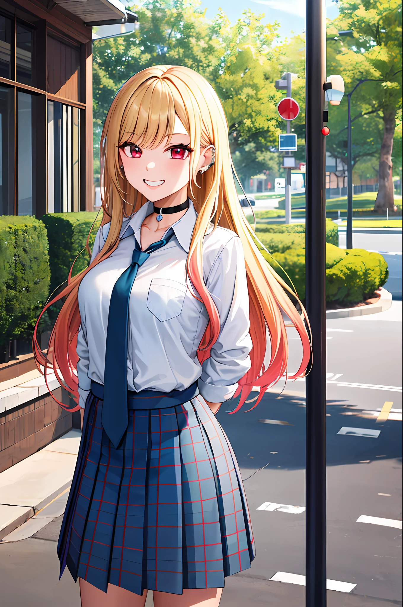 masterpiece, best quality, highres, kitagawa marin, 1girl, blonde hair, long hair, multicolored hair, red eyes, jewelry, earrings, piercing, school uniform, white shirt, tied shirt, black choker, blue necktie, plaid skirt, grin, smile, standing, cowboy shot, outdoors,