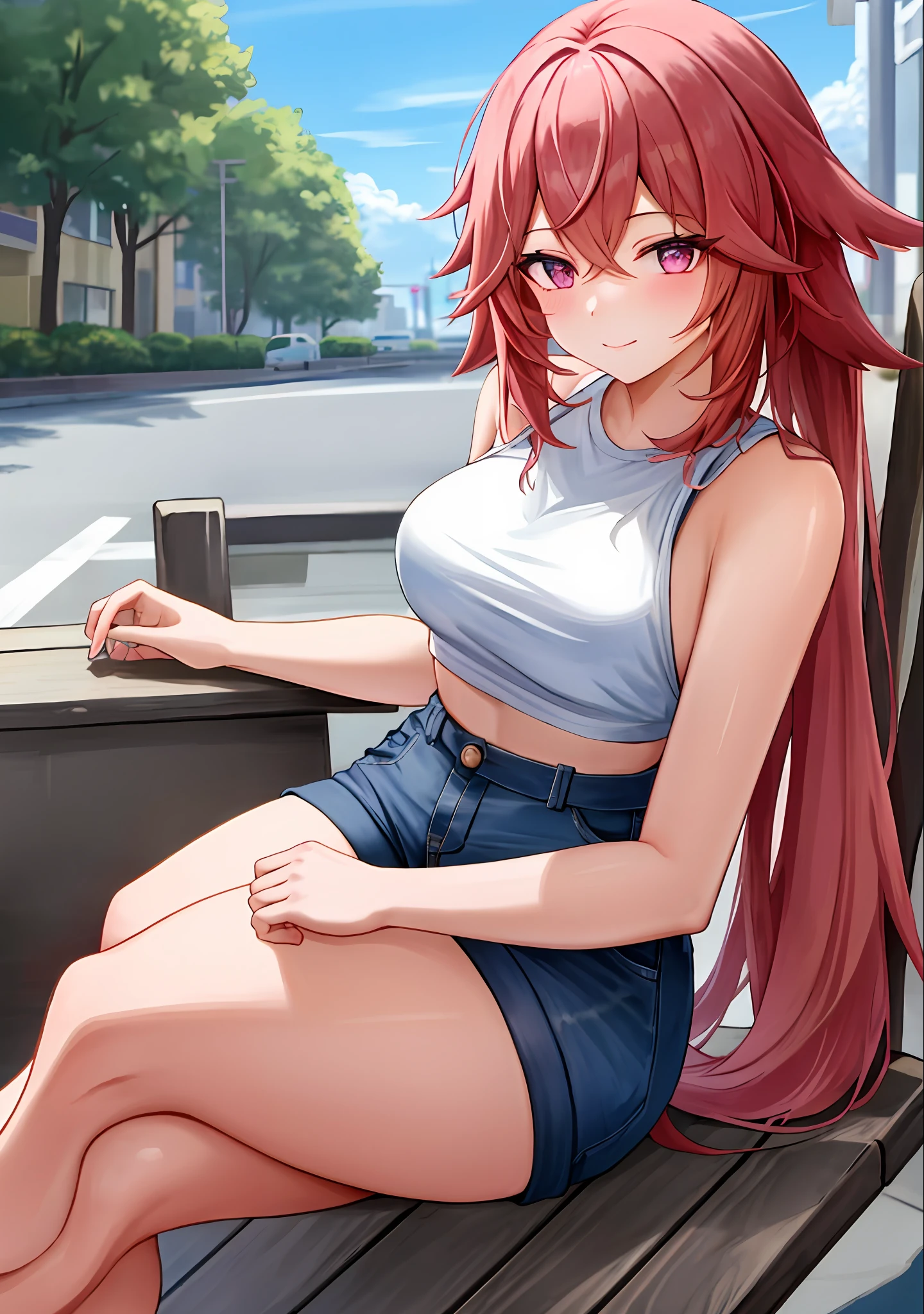 (masterpiece, best quality, ultra-detailed), keqing \(genshin impact\), (red hair), cone hair bun, twin tails, long hair, swept bangs, braid, braided bangs, purple eyes, pink eyes,
(wearing a t-shirt:1.2), sitting on a chair outside of caf, embracing the natural beauty, sunlight, beautiful cloudy sky, city, street, denim shorts, black stocking,
medium breasts, thick thighs, critical angle, cowboy shot, arm behind head, arm behind back, armpits, light smile, crop top, strong and seductive expressions,,