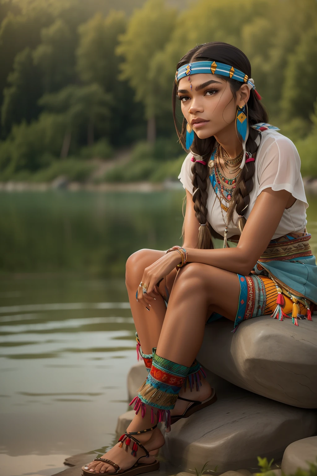 ((Zendaya es una mujer nativa americana)), ((que viste la ropa típica de una india)), ((sentado en una piedra en un lago)), ((mujer flaca)), (cabeza pequeña), ((textura natural de la piel)), ((ella tiene pechos pequeños y redondos)), ((Rostro expresivo y detallado)), (fotorrealista), (trazado de rayos), (enfoque nítido), ((Ella se ve enamorada))