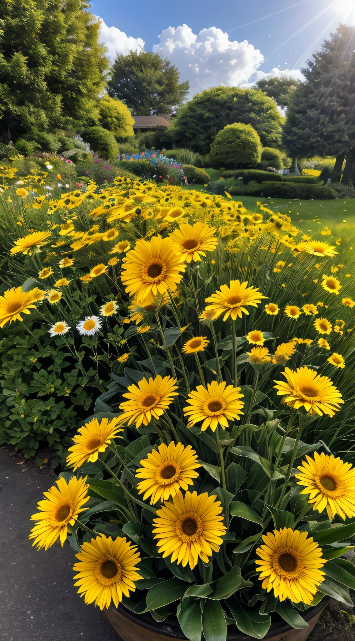 Il y a beaucoup de gerberas jaunes qui poussent dans les buissons，Texture cinématographique，Cinq，fleurs，belles fleurs qui poussent，belle esthétique，belles grandes fleurs，Incroyablement beau，douce lueur，belles fleurs，fleurs en pleine floraison，Beaucoup de gerberas，beaucoup de fleurs