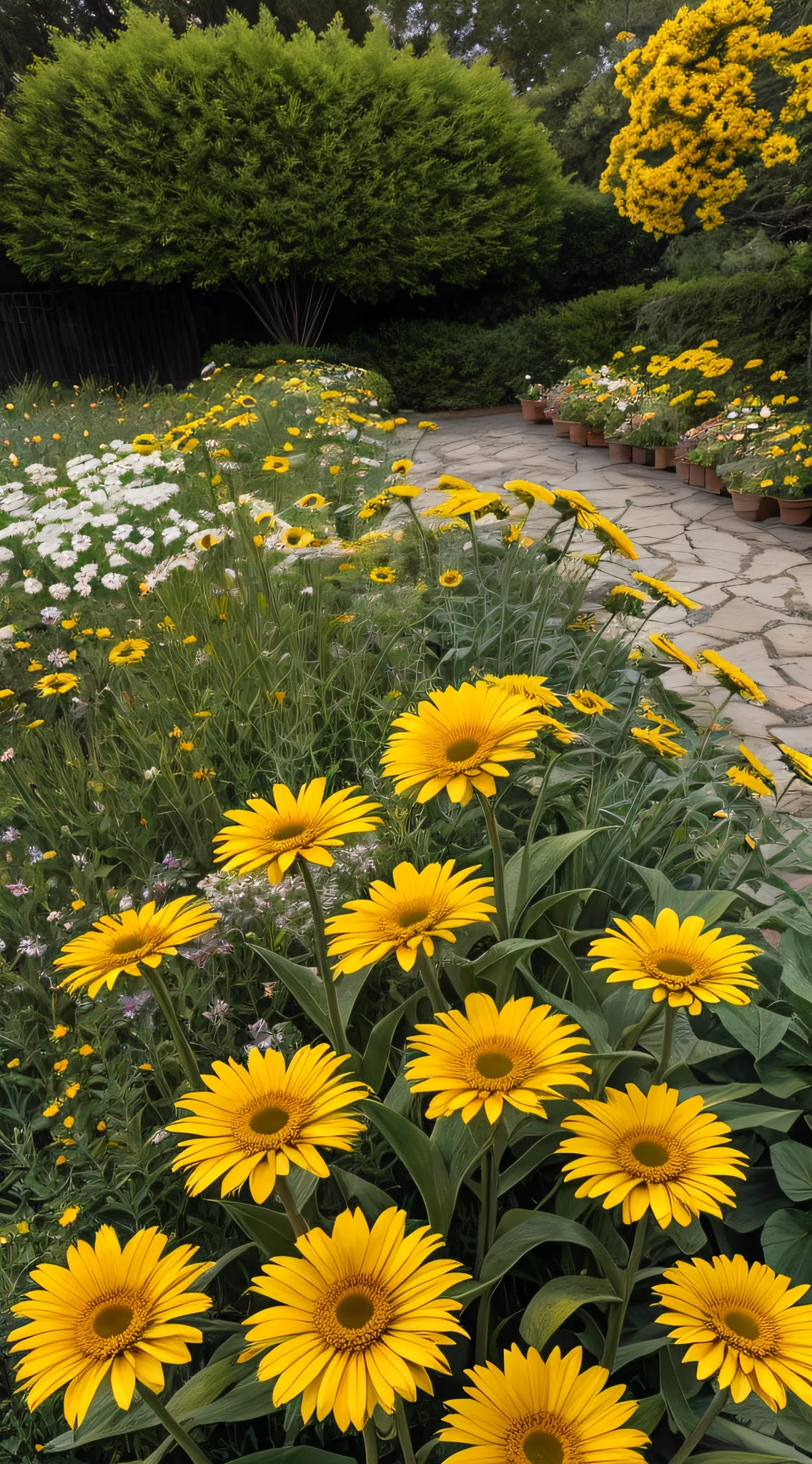 Il y a beaucoup de gerberas jaunes qui poussent dans les buissons，Texture cinématographique，Cinq，fleurs，belles fleurs qui poussent，belle esthétique，belles grandes fleurs，Incroyablement beau，douce lueur，belles fleurs，fleurs en pleine floraison，Beaucoup de gerberas，beaucoup de fleurs