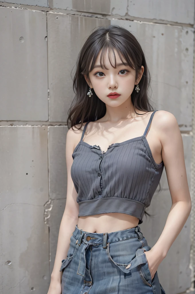 Top image quality、Raw photography、超A high resolution、18 year old cool Korean、Shooting for one person only、big round chest、Camisole、skirt by the、Shiny hair、Beautiful Eyes of Details、very elongated eyes、Beautiful eyelashes、Beautiful double eyelids、eyeshadows、耳Nipple Ring、chest above close-up、Wall on grey background