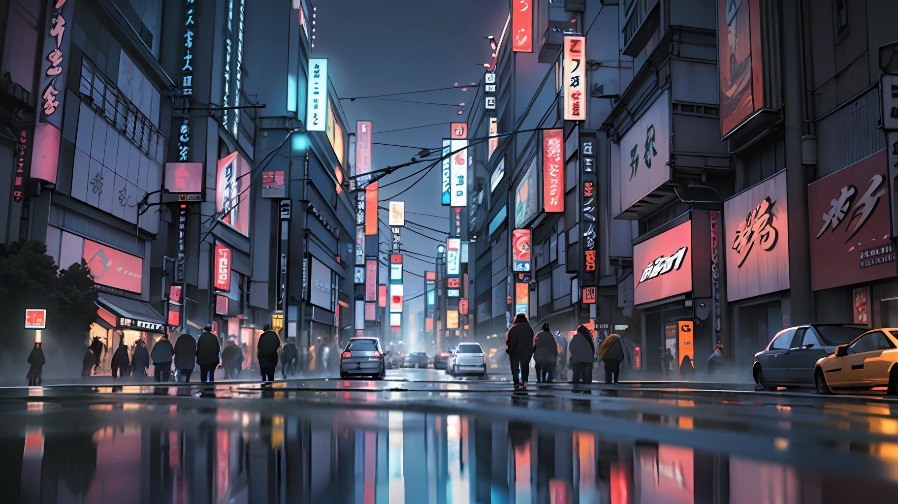 (REALISTIC 3D, NEO TOKYO:1.25, STREET-PHOTOGRAPHY:1.25), PORTRAIT of TOKYO STREET in Heavy RAIN, depth of field, PORTRAIT, Lightings, trending in Artstation, in style of Wlop, Sharp focus, Concept artist, From below, official art, unity 8k wallpaper, ultra detailed, aesthetic, beautiful