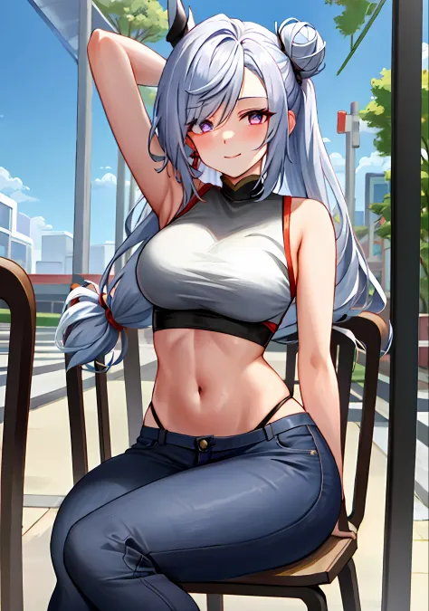 (masterpiece, best quality, ultra-detailed), keqing \(genshin impact\), (silver hair), cone hair bun, twin tails, long hair, swe...