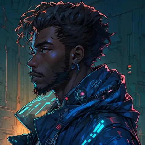 masterpiece, high quality, african man, solo, black male focus, brown eyes, brown hair, blacklight, from above, cyberpunk, blue ...