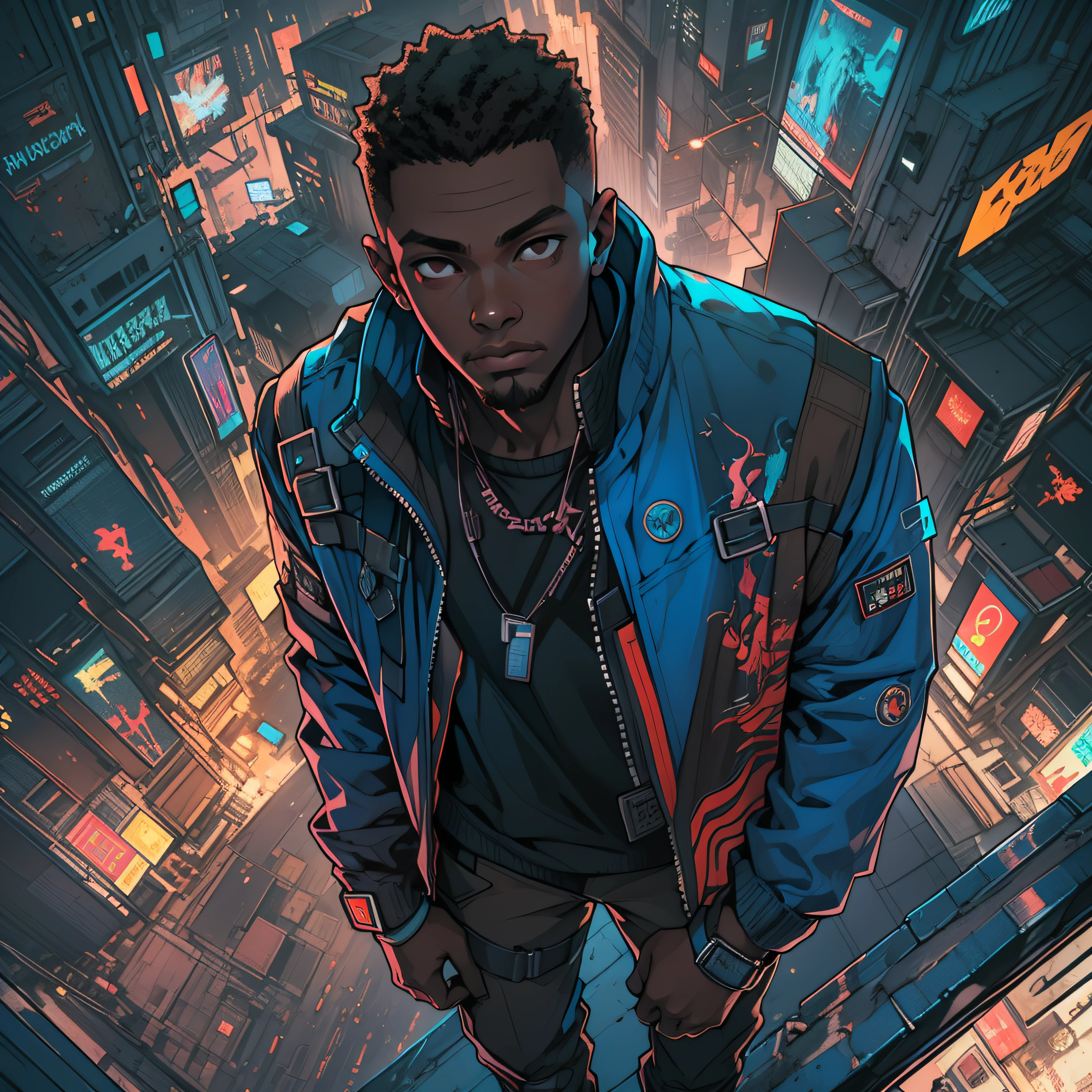 masterpiece, high quality, African man, solo, black male focus, brown eyes, brown hair, blacklight, from above, cyberpunk, blue jacket.