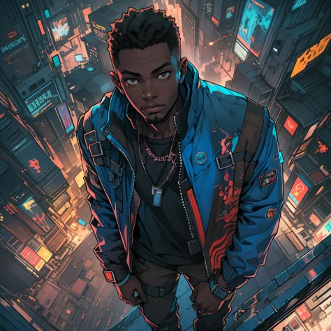 masterpiece, high quality, african man, solo, black male focus, brown eyes, brown hair, blacklight, from above, cyberpunk, blue ...