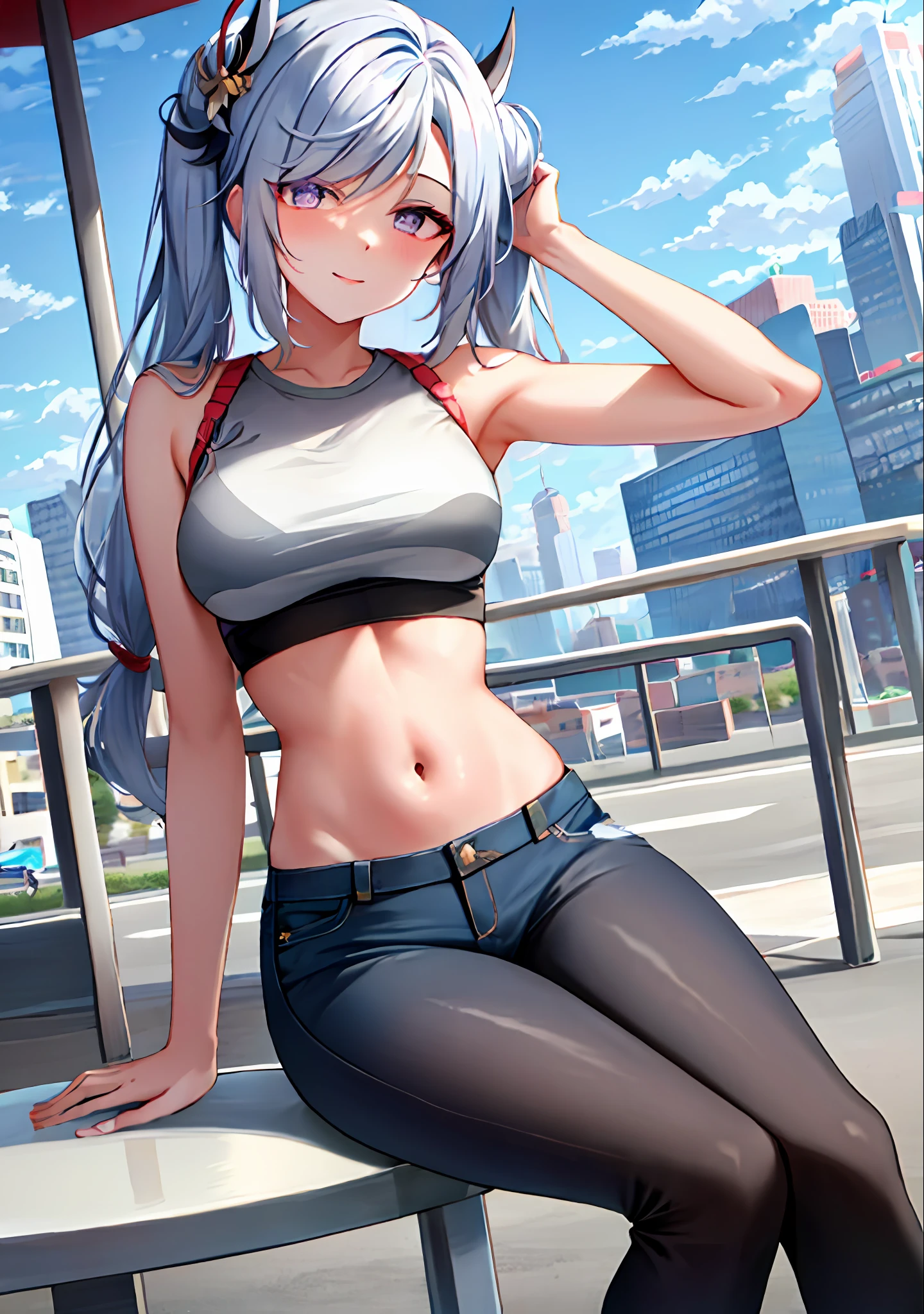 (masterpiece, best quality, ultra-detailed), keqing \(genshin impact\), (silver hair), cone hair bun, twin tails, long hair, swept bangs, braid, braided bangs, purple eyes, pink eyes,
(wearing a t-shirt:1.2), sitting on a chair outside of caf, embracing the natural beauty, sunlight, beautiful cloudy sky, city, street, denim shorts, black stocking,
medium breasts, thick thighs, critical angle, cowboy shot, arm behind head, arm behind back, armpits, light smile, crop top, strong and seductive expressions,,