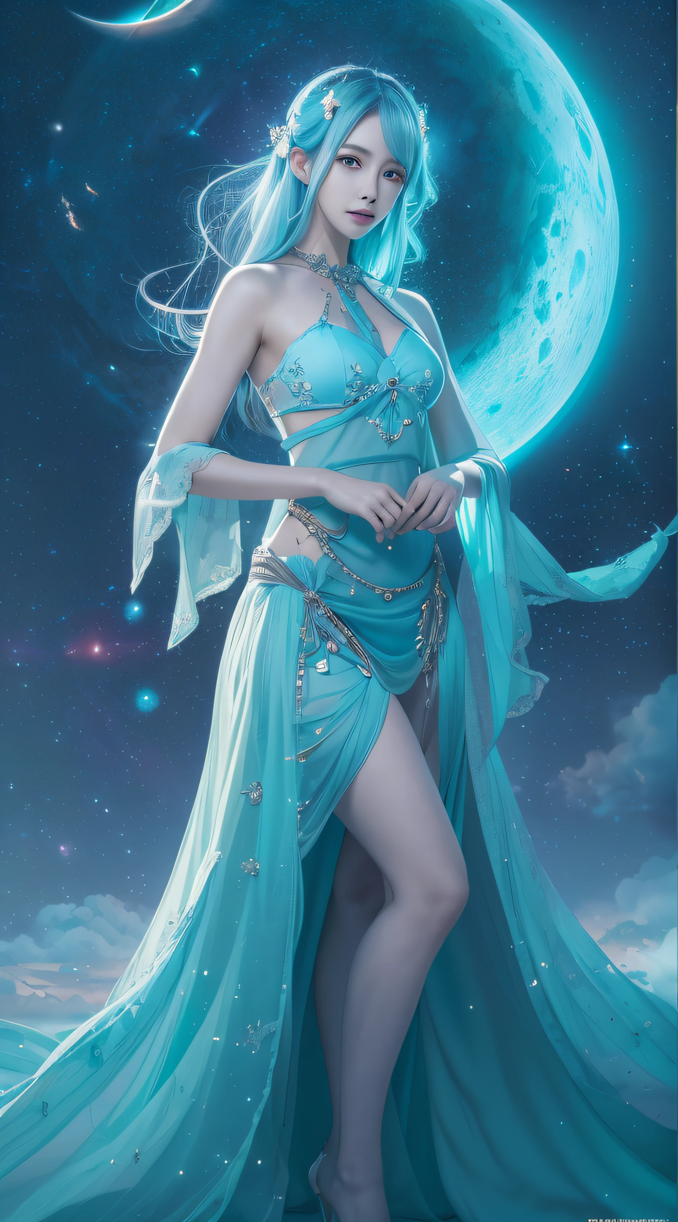 A woman in a blue dress standing in front of a moon - SeaArt AI