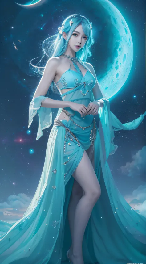 there is a woman in a blue dress posing for a picture, concept art inspired by Leng Mei, tumblr, fantasy art, lunar themed attire, astral witch clothes, fantasy outfit, anime girl cosplay, beautiful celestial mage, tube-top dress, trending on cgstation, ce...