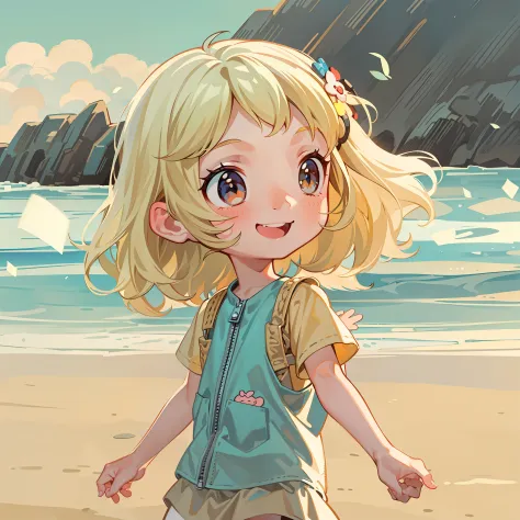 Close-up Shot Shot，A cute little girl and a cute little girl walking on the beach by the sea，Little girl with long blonde hair，Little girl with short black hair，Smiling，cartoonish style，kawaii，Animated picture，Colorful stills，official art style，Cartoony。Fr...