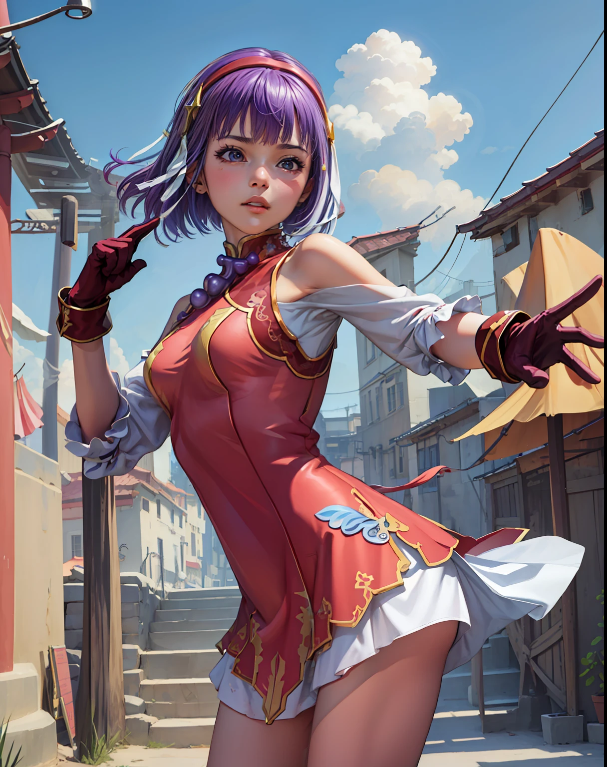 (masterpiece, best quality, high resolution),cowboy shot, 1girl, solo, athenams, hairband, chinese clothes, red dress, gloves, hair ornament ,bare shoulders