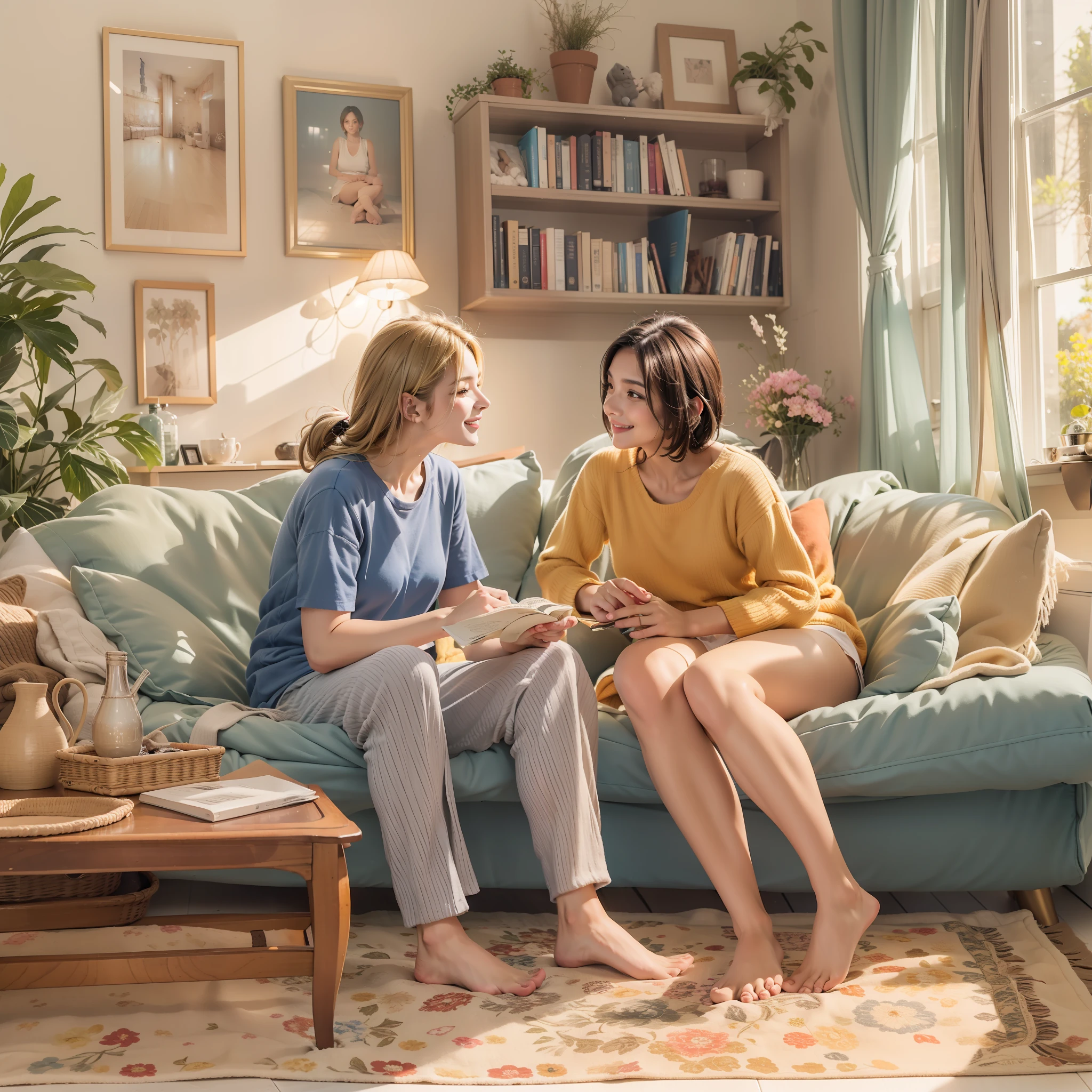 Duas mulheres, vestindo camisetas e calcinhas confortáveis, absorto em uma conversa sorrindo em uma aconchegante sala de estar em uma manhã tranquila. Uma mulher senta-se graciosamente no sofá, enquanto o outro se senta confortavelmente no chão.