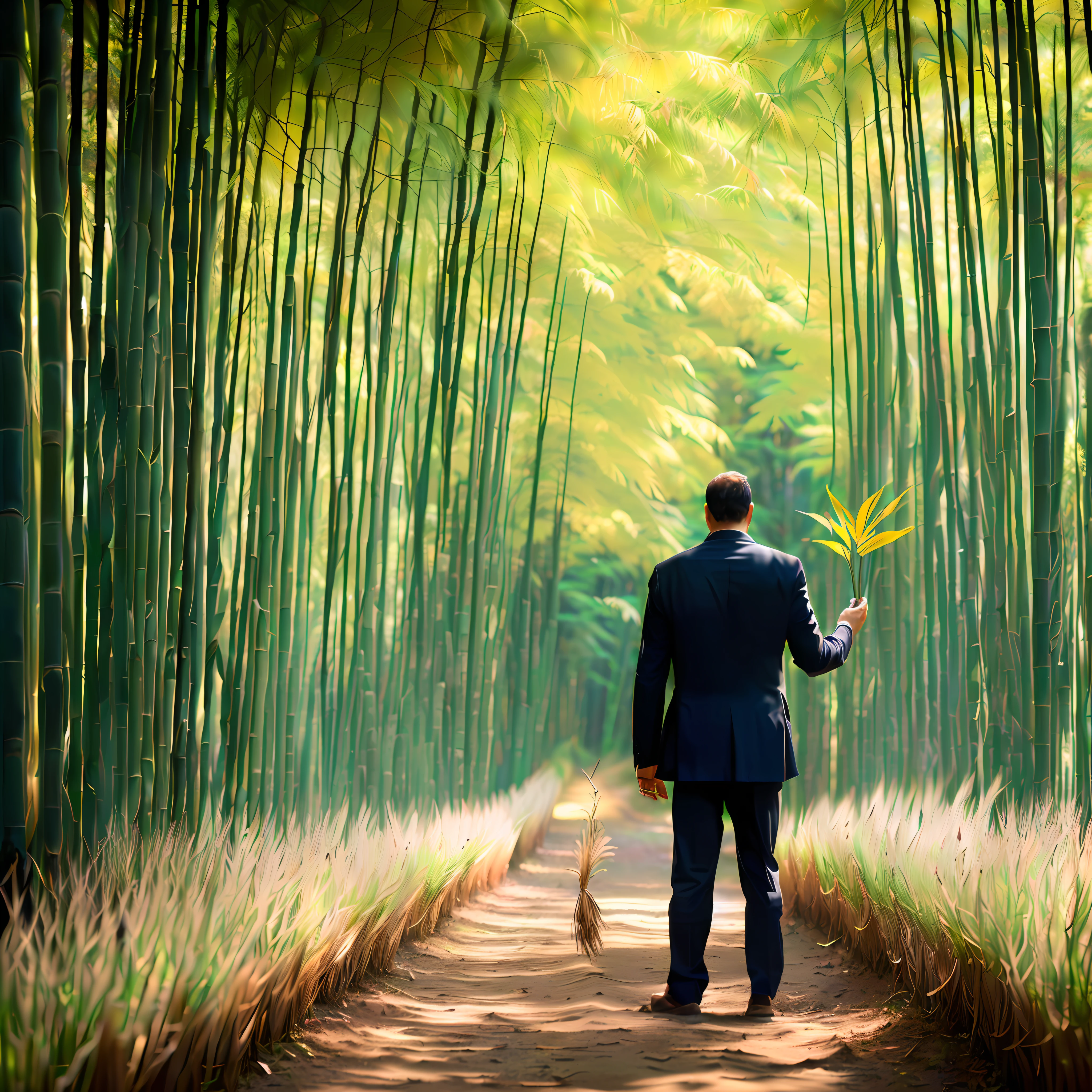 Homem de terno andando por um caminho em uma floresta de bambu, caminhando em uma floresta de bambu, em uma floresta de bambu, Profundidade em uma floresta de bambu japonesa, Floresta de Bambu, Floresta de bambu no fundo, de bambu, Floresta de bambu japonesa enevoada, amidst nature, a green gold forest in japan, bambu, outdoors business portrait, japan lush forest, Caminhando na floresta