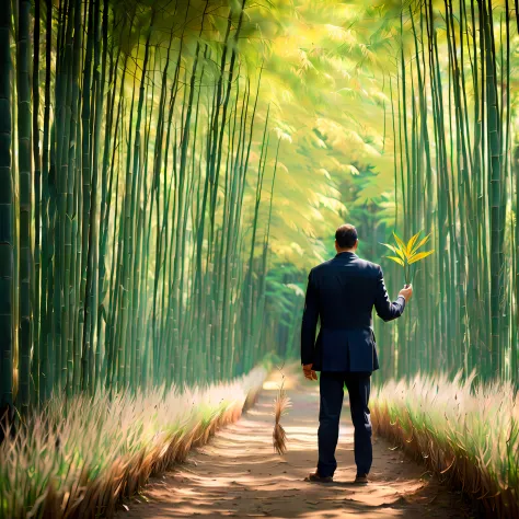 Homem de terno andando por um caminho em uma floresta de bambu, caminhando em uma floresta de bambu, em uma floresta de bambu, P...