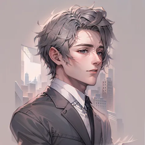 A man in a suit and tie，short detailed hair，ember，white backgrounid，Gray tones。