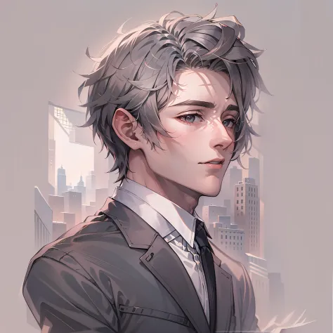 a man in a suit and tie，short detailed hair，ember，white backgrounid，gray tones。