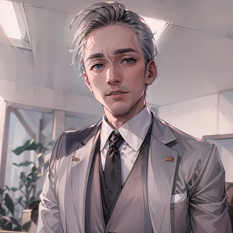 A man in a suit and tie，short detailed hair，ember，white backgrounid，Gray tones。