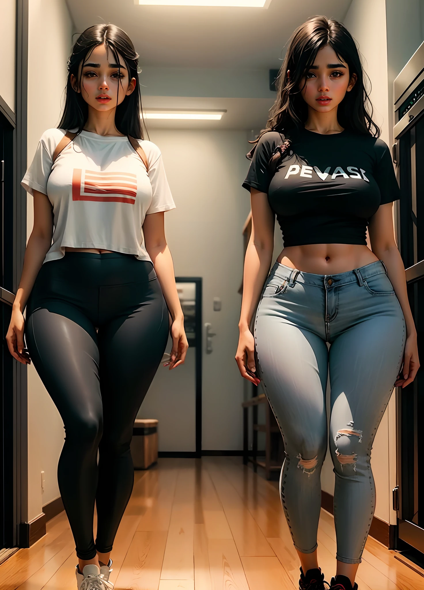 Two women in tight jeans and a t - shirt are walking down a hallway -  SeaArt AI