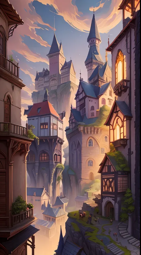 A painting of a town with a castle as a background, fantasy matte painting，Cute, Detailed digital 2D fantasy art, a bustling mag...