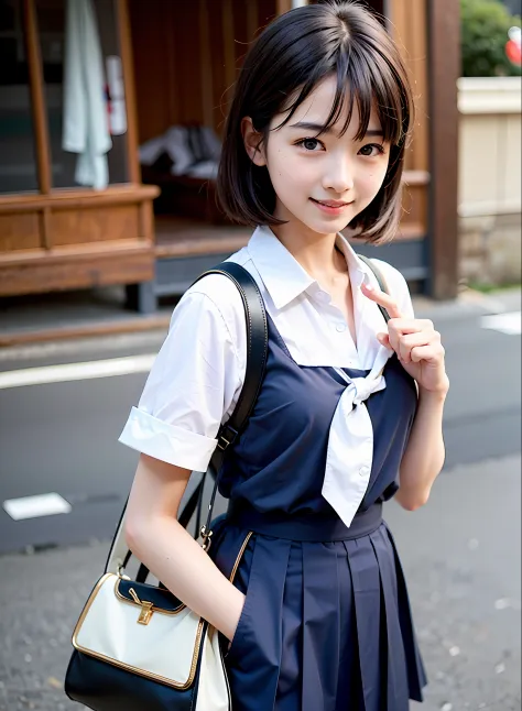 8K、Top image quality、​masterpiece、夏天、Japan high school girl meets friends on her way to school。Summer Uniforms、shortsleeves、Knee...