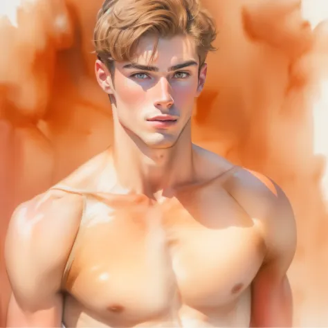 (a watercolor and pencil drawing of an incredibly handsome 25-year-old male athlete with short light-brown hair, a broad chest a...