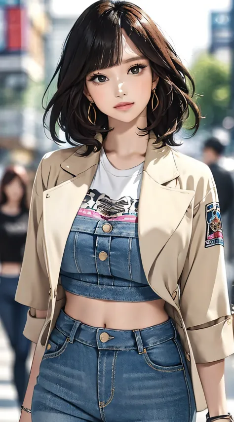 (masterpiece, best quality), beautiful woman, cute printed cropped shirt, jacket, jeans, short wavy hair, headband, asymmetrical...