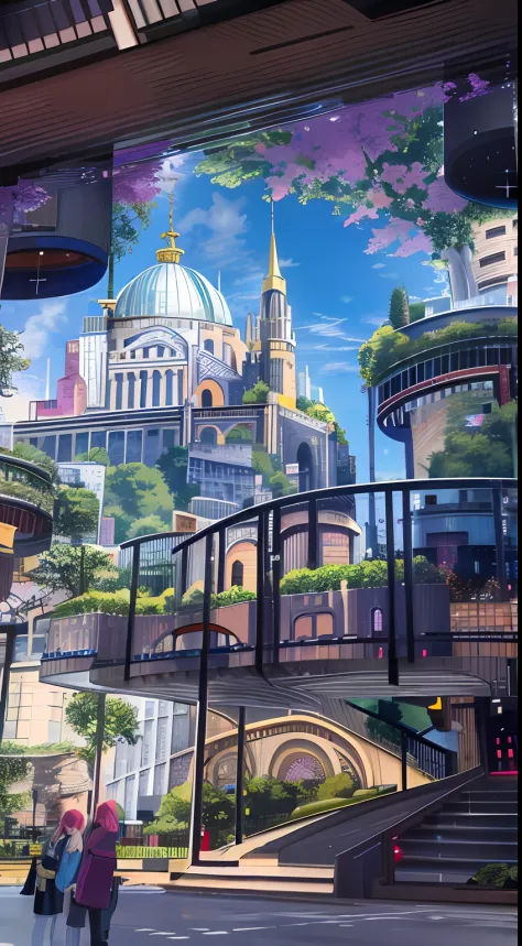 An urban painting with a bell tower and a bell tower, Anime landscape concept art, huge towering magical university, castle scen...
