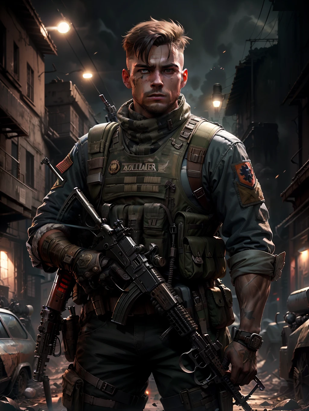 Soldado con uniforme oscuro y rifle de asalto, fondo arruinado, Realista, elegante, chaleco de asalto, hdr, detalles intrincados, hiperdetallado, cinematográfico, Luz de llanta, atmósfera de peligro