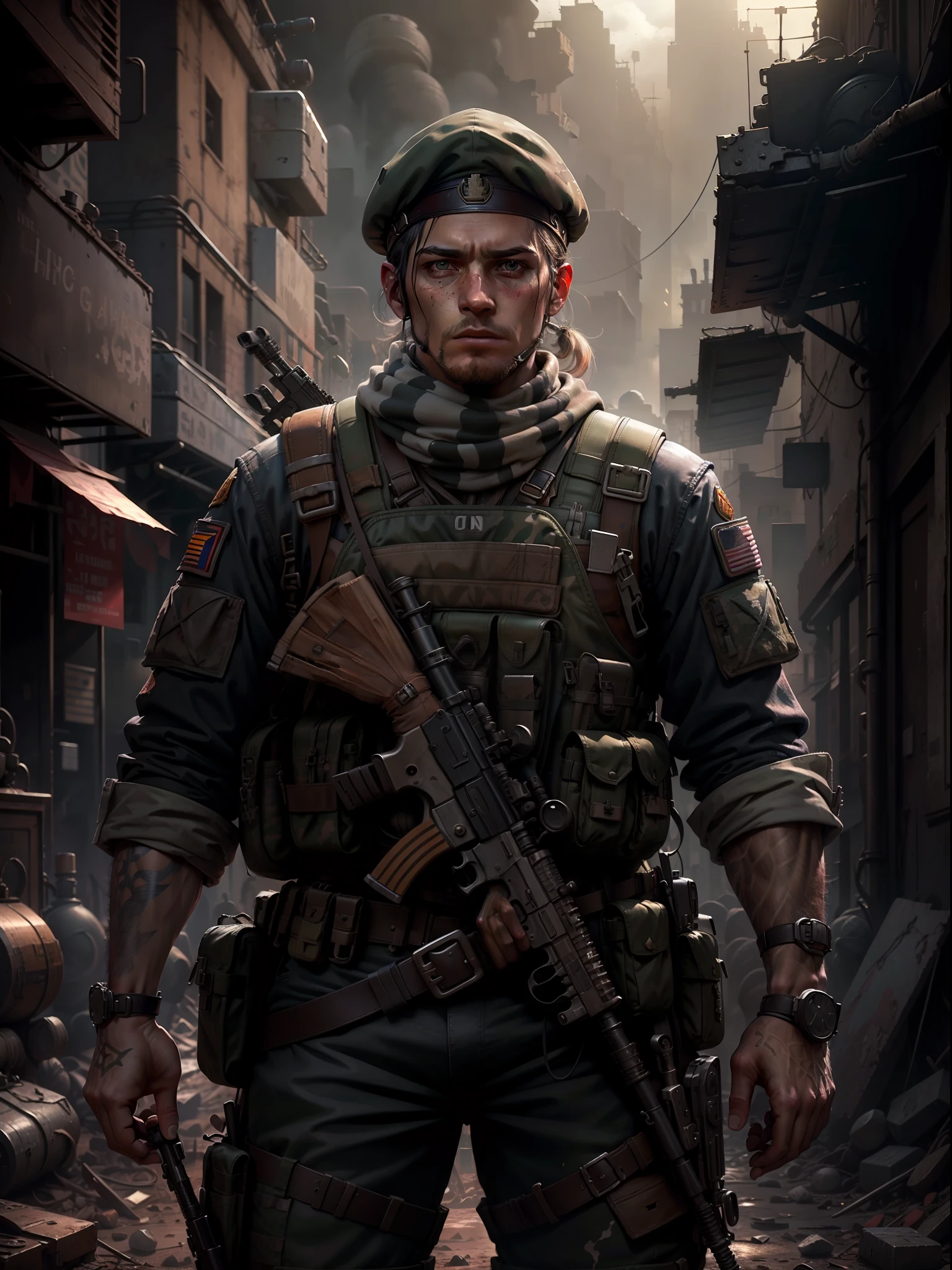 Soldat mit dunkler Uniform und Sturmgewehr, Ruinierter Hintergrund, realistisch, stilvoll, Angriffsweste, HDR, komplizierte Details, hyperdetailliert, filmisch, Felgenlicht, Gefahrenatmosphäre