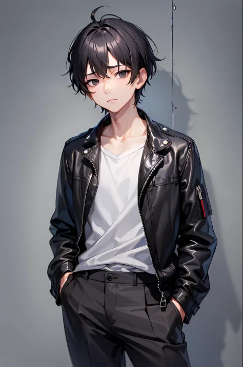 tmasterpiece, 1boy, black  hair, short hair hair, kblack eyes, empty look, lack of emotion, black jacket, gray shirt, stands, si...