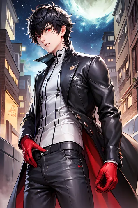 masterpiece, best quality, 1boy, 独奏, male focus, dshocker, black hair, short hair, red-eyes, high collar, black coat, gray shirt...