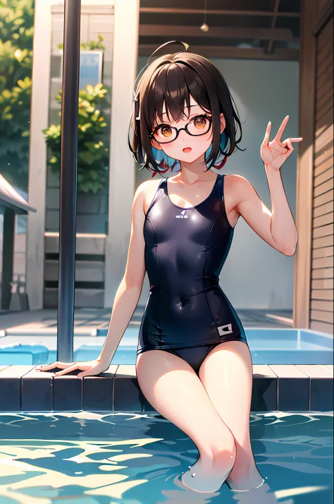 (1 16-year-old girl、A dark-haired、short-hair、straight haired、bow ribbon、Light brown eyes、Black glasses、small tits、cute  face)、swim wears、​masterpiece、top-quality、swimming pools