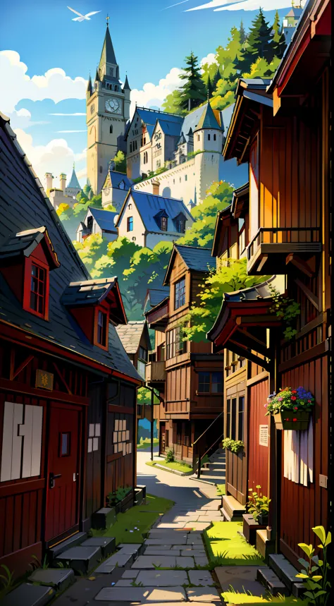 A painting of a town with a castle as a background, medeival fantasy town, a bustling magical town, fantasy town setting, town b...