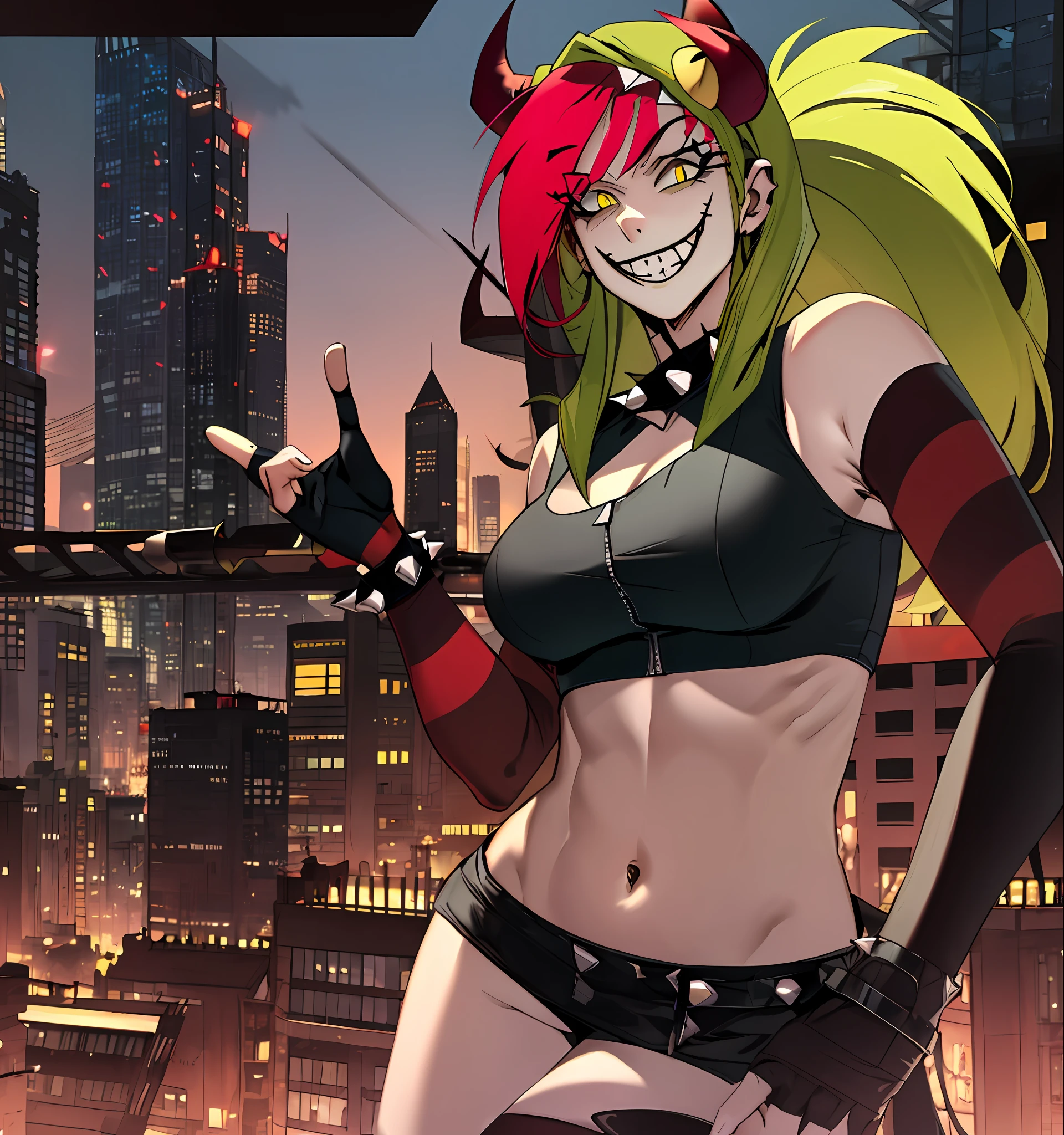 demencia, evil grin, looking at viewer, hands raised, yellow eyes, striped, cut out dress, sleeveless, dress, stomach, horns, thighhighs, fingerless gloves, jewelry, bracelet, spikes, wearing a dress, (((midriff exposed))), city background, holding up hand