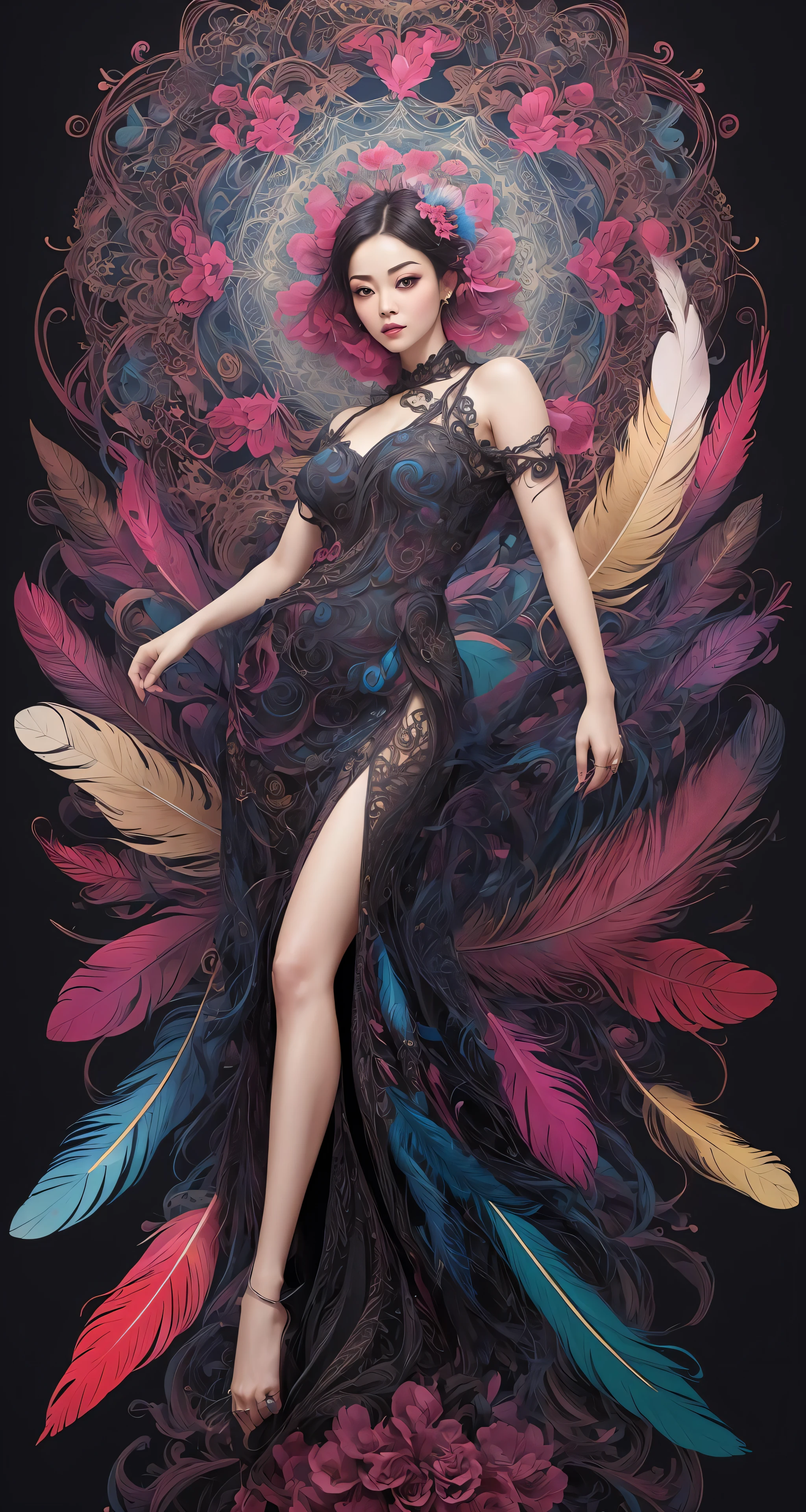 erjie, girl in a fluid and dynamic pose, wearing a loose, flowing pink dress, mysterious expression, curly black and pink hair, [Zhang Ziyi|Aishwarya Rai], in a modern and abstract setting, with bold and colorful abstract art, blurred background, bright lighting, official art, unity 8k wallpaper, (zentangle, mandala, tangle, entangle), intricate clothes,zhongfenghua (full body,from everywhere,masterpiece, top quality, best quality, official art, beautiful and aesthetic:1.2), extremely detailed,(fractal art:1.1),(colorful:1.1)(flowers:1.3),highest detailed,(zentangle:1.2), (dynamic pose), (abstract background:1.3), (shiny skin), (many colors:1.4), (feathers:1.5),  dynamic angle, the most beautiful form of chaos, elegant, a brutalist designed, vivid colours, romanticism,