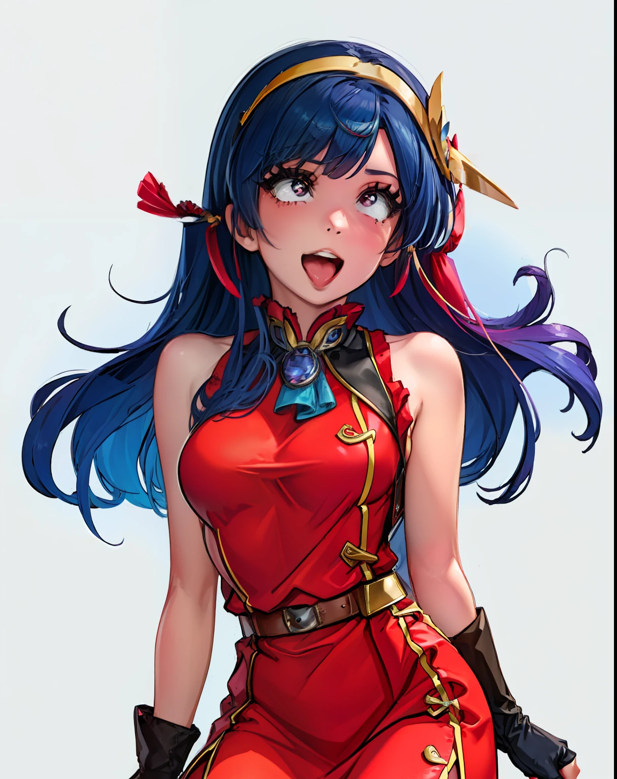 (masterpiece, best quality, high resolution),cowboy shot, 1girl, solo, athenams, hairband, chinese clothes, red dress, gloves, hair ornament ,bare shoulders, ahegao